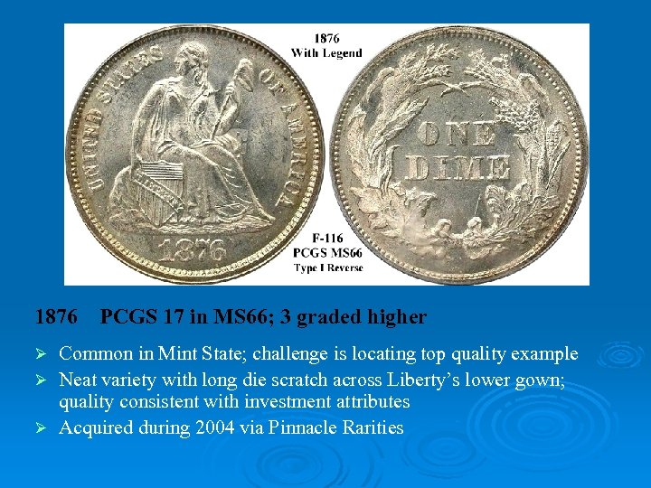 1876 PCGS 17 in MS 66; 3 graded higher Common in Mint State; challenge