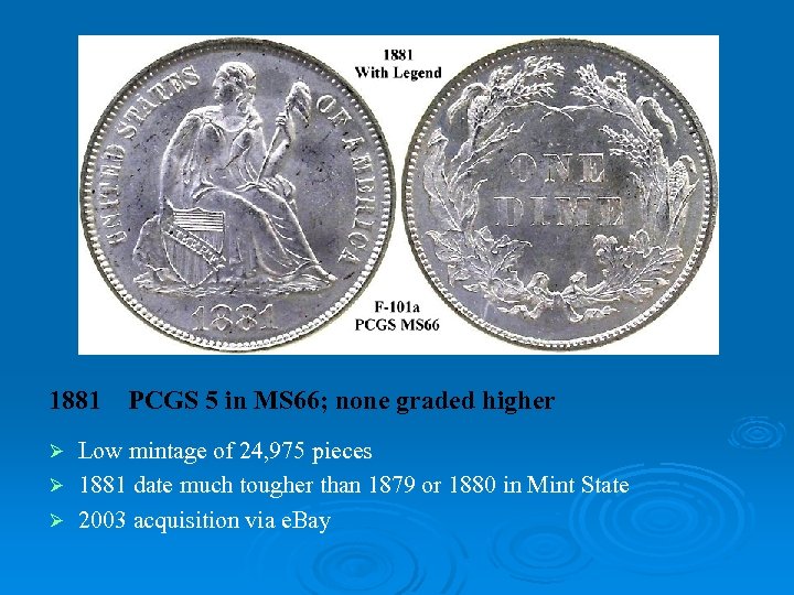 1881 PCGS 5 in MS 66; none graded higher Low mintage of 24, 975