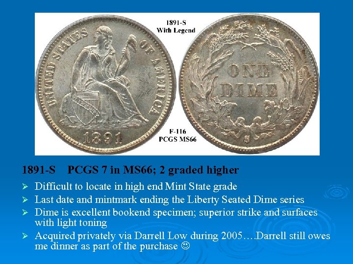 1891 -S PCGS 7 in MS 66; 2 graded higher Difficult to locate in