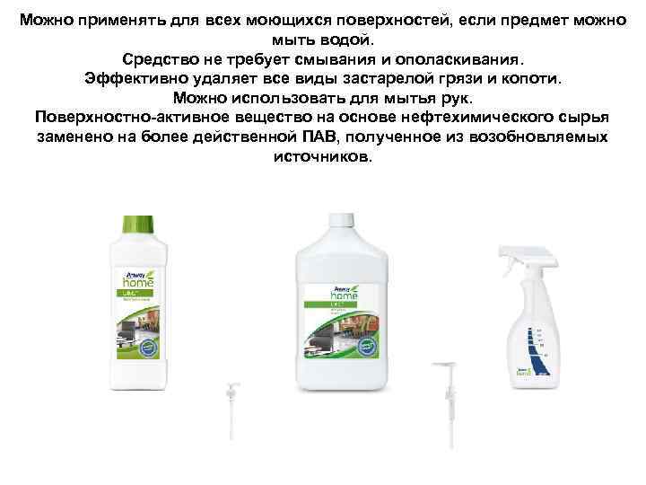 Можно применять для всех моющихся поверхностей, если предмет можно мыть водой. Средство не требует