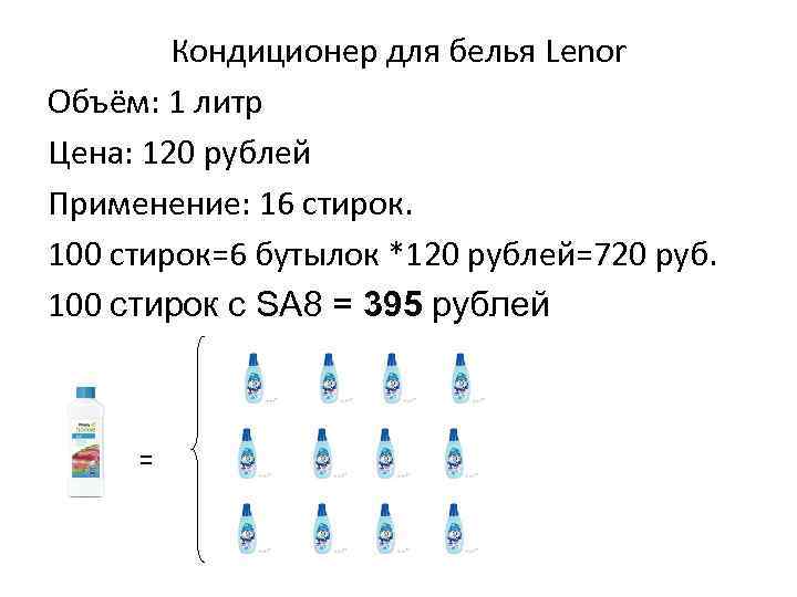 Кондиционер для белья Lenor Объём: 1 литр Цена: 120 рублей Применение: 16 стирок. 100