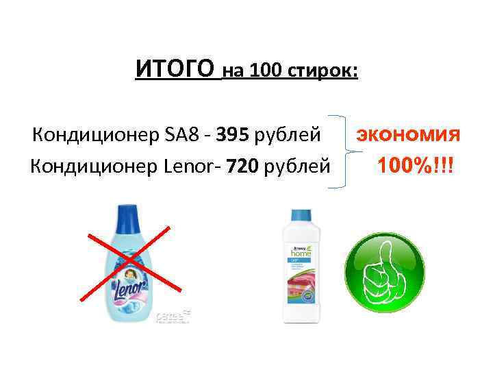 ИТОГО на 100 стирок: Кондиционер SA 8 - 395 рублей Кондиционер Lenor- 720 рублей