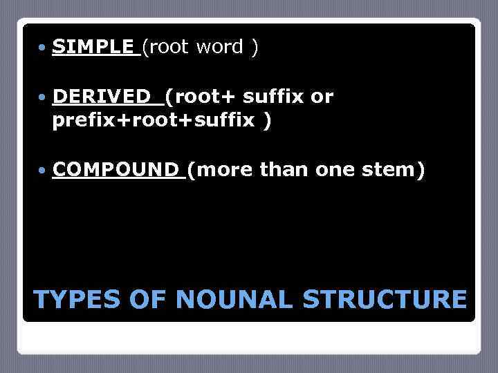  SIMPLE (root word ) DERIVED (root+ suffix or prefix+root+suffix ) COMPOUND (more than