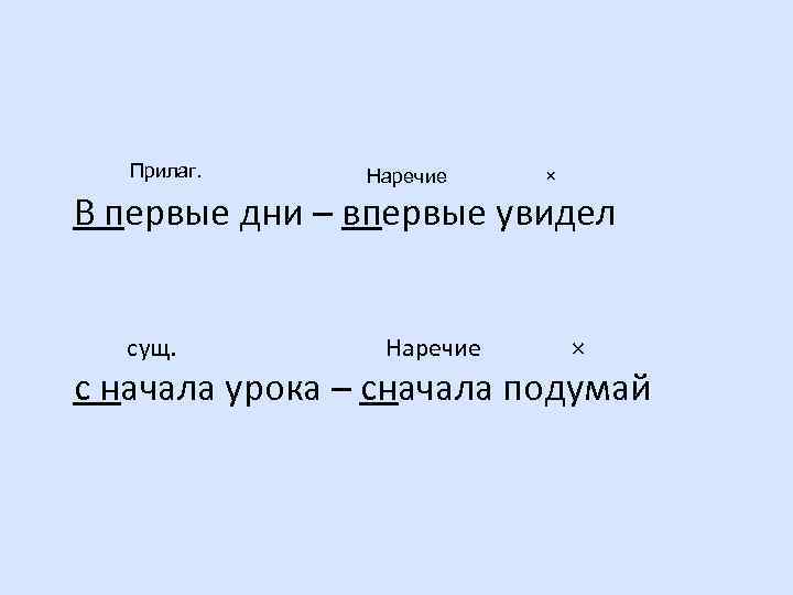 Прилаг. Наречие × В первые дни – впервые увидел сущ. Наречие × с начала