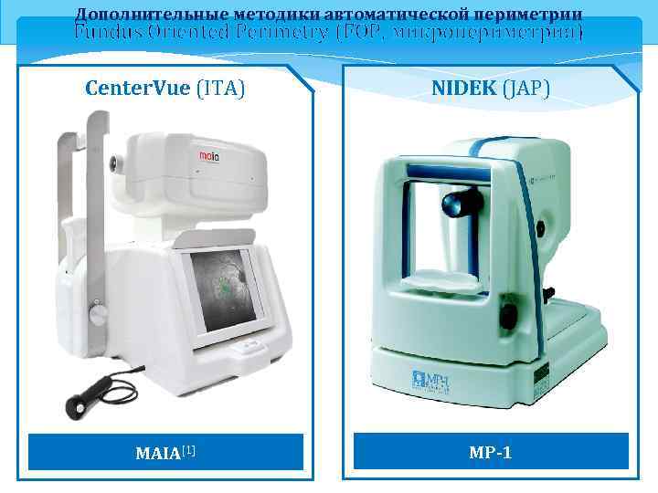 Дополнительные методики автоматической периметрии Fundus Oriented Perimetry (FOP, микропериметрия) Center. Vue (ITA) NIDEK (JAP)