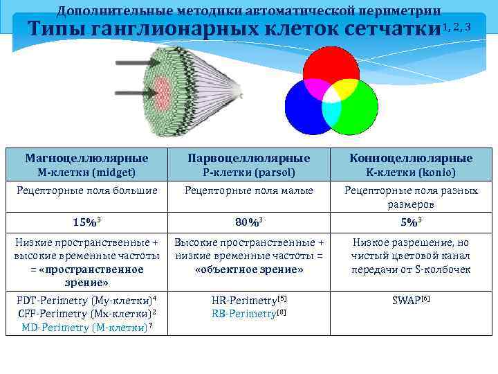 Дополнительные методики автоматической периметрии Типы ганглионарных клеток сетчатки 1, 2, 3 Магноцеллюлярные Парвоцеллюлярные Кониоцеллюлярные