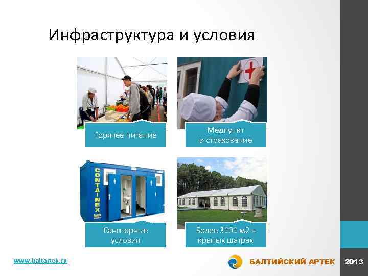 Инфраструктура и условия Горячее питание Санитарные условия www. baltartek. ru Медпункт и страхование Более