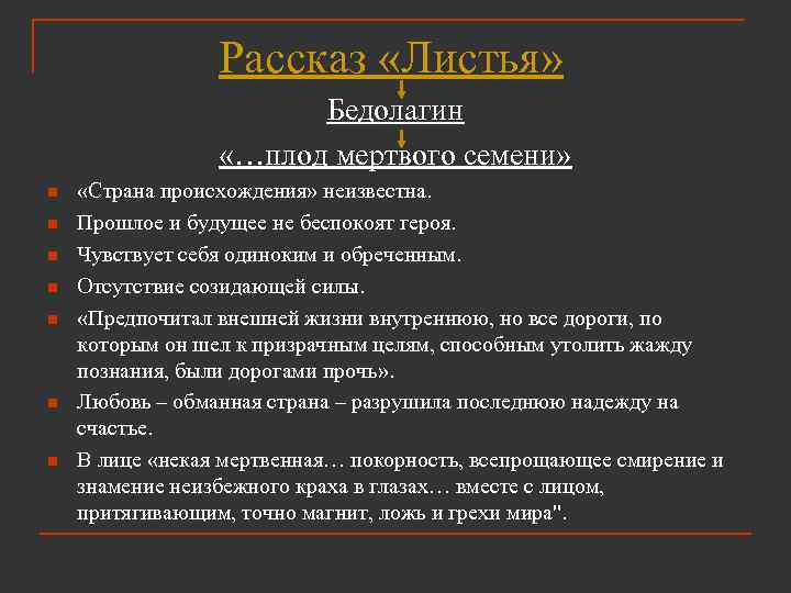 Рассказ «Листья» Бедолагин «…плод мертвого семени» n n n n «Страна происхождения» неизвестна. Прошлое