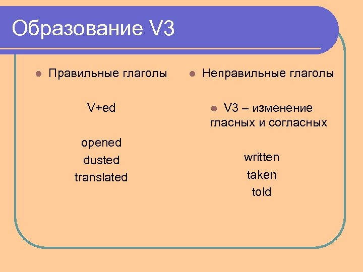 Образование V 3 l Правильные глаголы V+ed opened dusted translated l Неправильные глаголы V