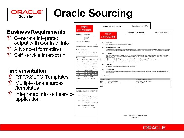 Sourcing Oracle Sourcing Business Requirements Ÿ Generate integrated output with Contract info Ÿ Advanced