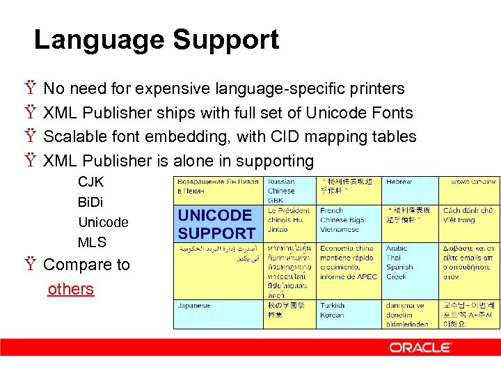 Language Support Ÿ Ÿ No need for expensive language-specific printers XML Publisher ships with