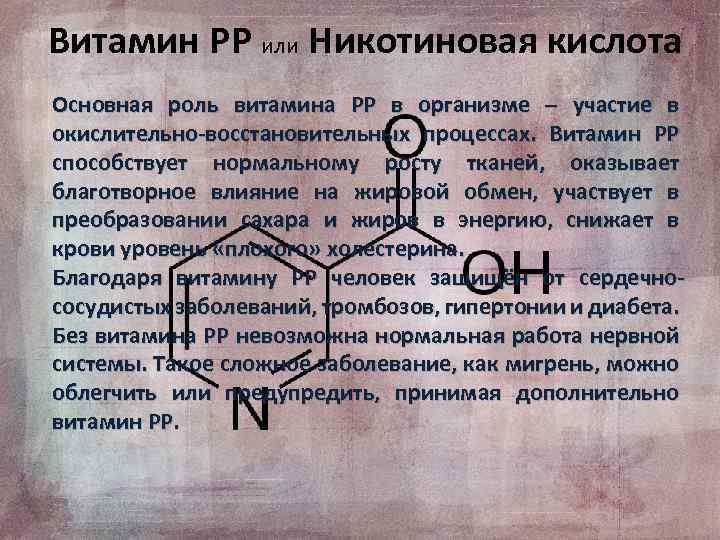 Витамин РР или Никотиновая кислота Основная роль витамина РР в организме – участие в