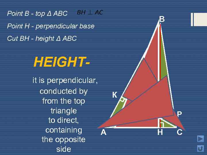 Point B - top Δ ABC В Point H - perpendicular base Cut BH