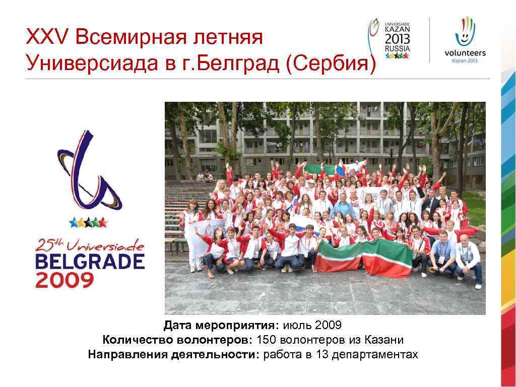 XXV Всемирная летняя Универсиада в г. Белград (Сербия) Дата мероприятия: июль 2009 Количество волонтеров: