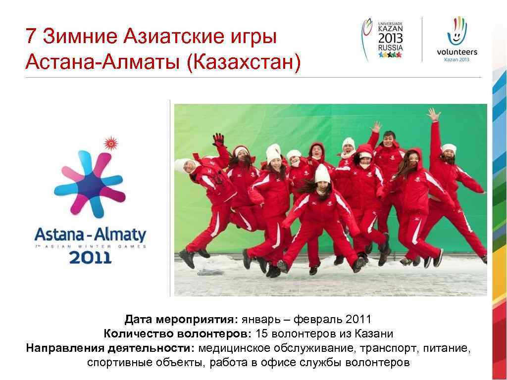 7 Зимние Азиатские игры Астана-Алматы (Казахстан) Дата мероприятия: январь – февраль 2011 Количество волонтеров: