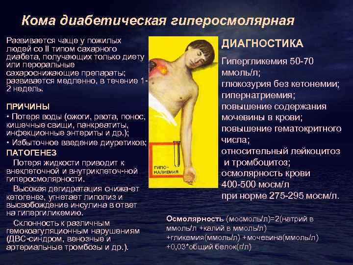 Кома диабетическая гиперосмолярная Развивается чаще у пожилых людей со ІІ типом сахарного диабета, получающих