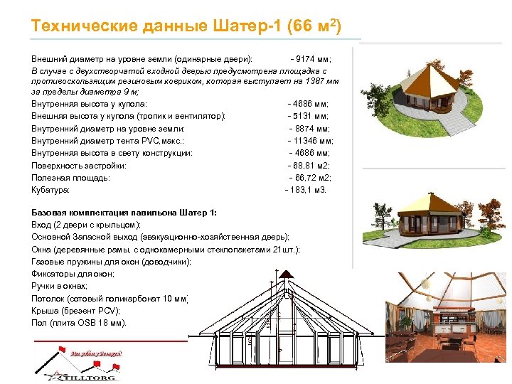 Технические данные Шатер-1 (66 м 2) Внешний диаметр на уровне земли (одинарные двери): -