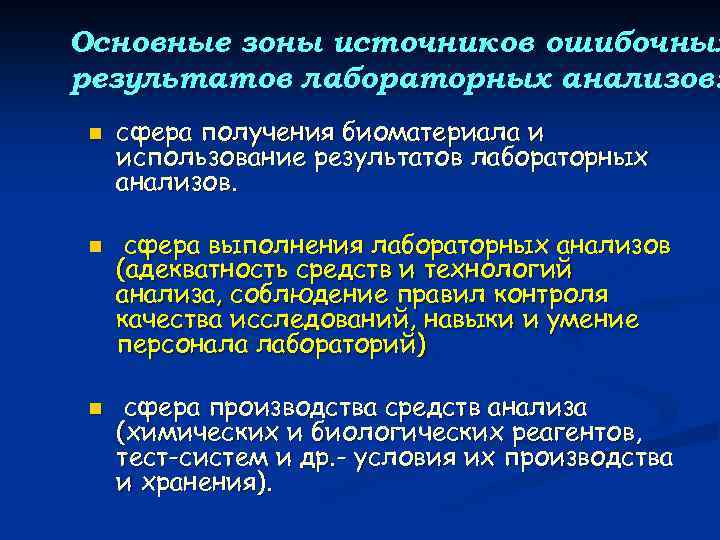 Основные зоны источников ошибочных результатов лабораторных анализов: n n n сфера получения биоматериала и