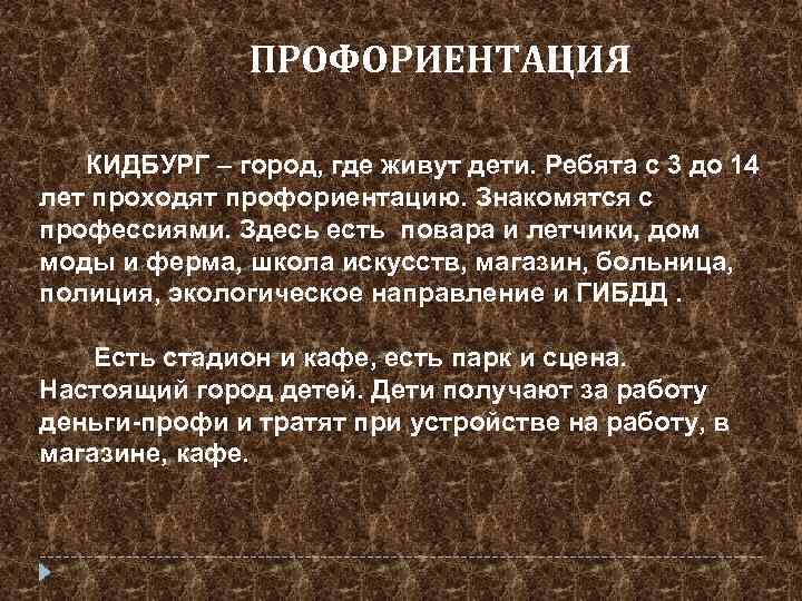 ПРОФОРИЕНТАЦИЯ КИДБУРГ – город, где живут дети. Ребята с 3 до 14 лет проходят