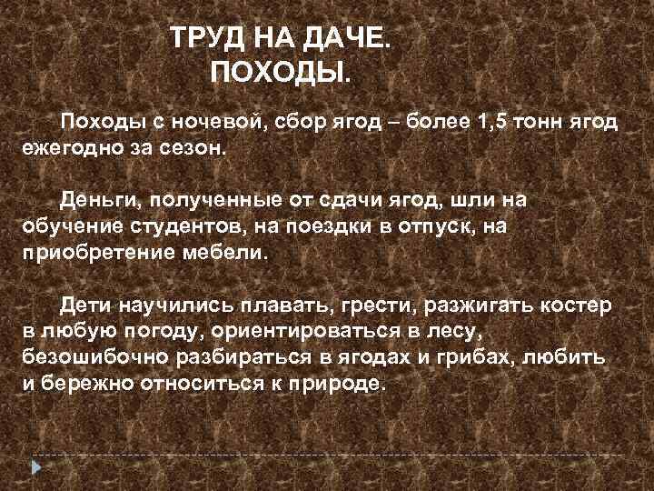 ТРУД НА ДАЧЕ. ПОХОДЫ. Походы с ночевой, сбор ягод – более 1, 5 тонн