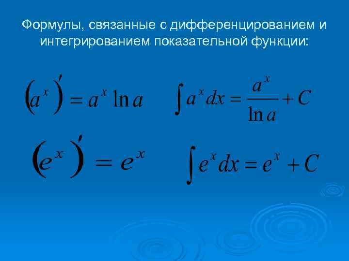 Формулы, связанные с дифференцированием и интегрированием показательной функции: 