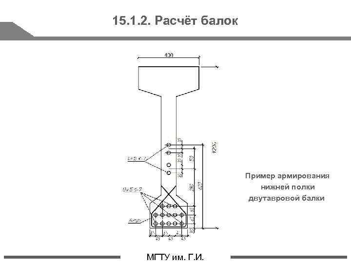 15. 1. 2. Расчёт балок Пример армирования нижней полки двутавровой балки стр. 20 МГТУ