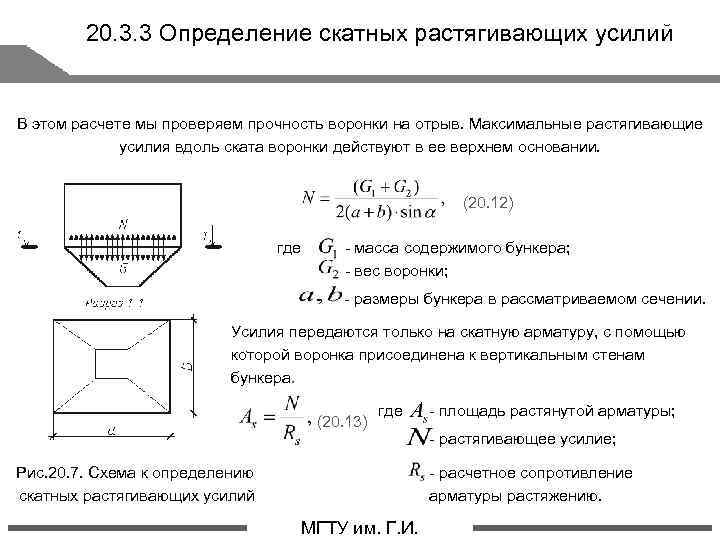 20. 3. 3 Определение скатных растягивающих усилий В этом расчете мы проверяем прочность воронки