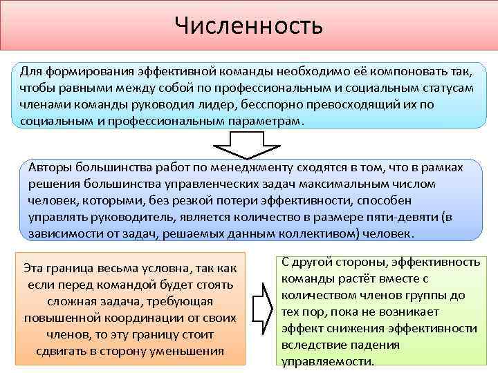 Численность Для формирования эффективной команды необходимо её компоновать так, чтобы равными между собой по