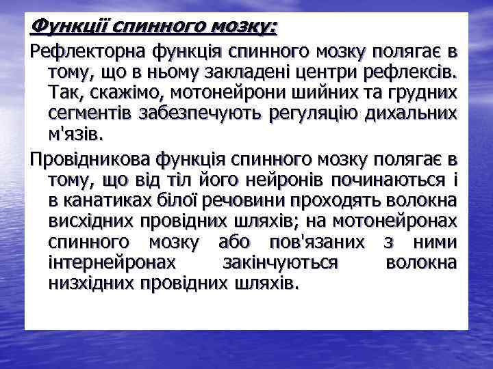 Функції спинного мозку: Рефлекторна функція спинного мозку полягає в тому, що в ньому закладені