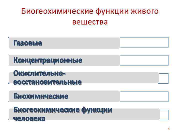 Биогеохимические функции живого вещества Газовые Концентрационные Окислительновосстановительные Биохимические Биогеохимические функции человека 4 