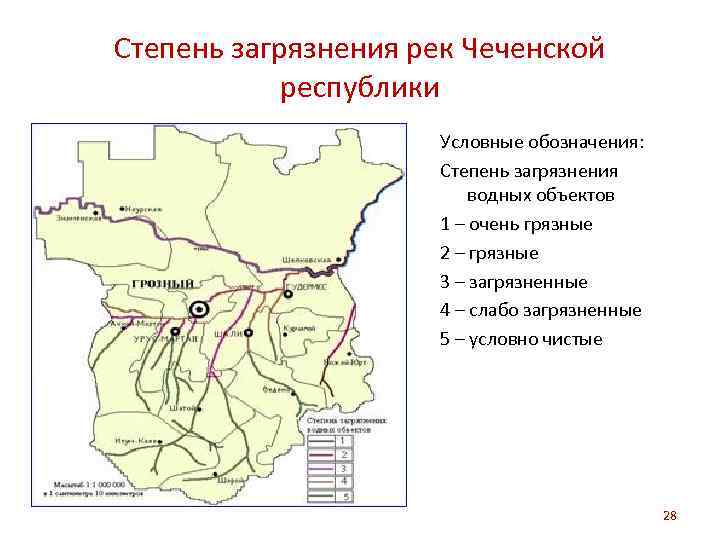 Степень загрязнения рек Чеченской республики Условные обозначения: Степень загрязнения водных объектов 1 – очень