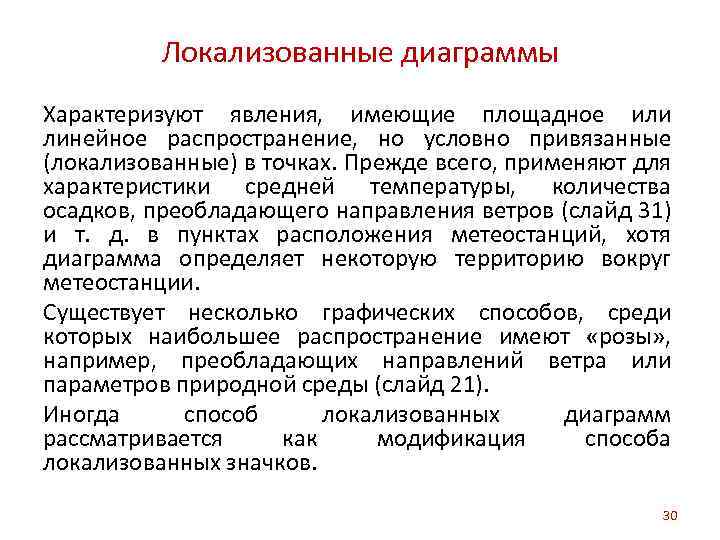 Локализованные диаграммы Характеризуют явления, имеющие площадное или линейное распространение, но условно привязанные (локализованные) в