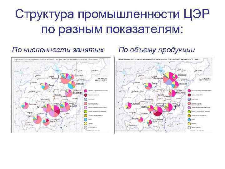 Структура промышленности ЦЭР по разным показателям: По численности занятых По объему продукции 