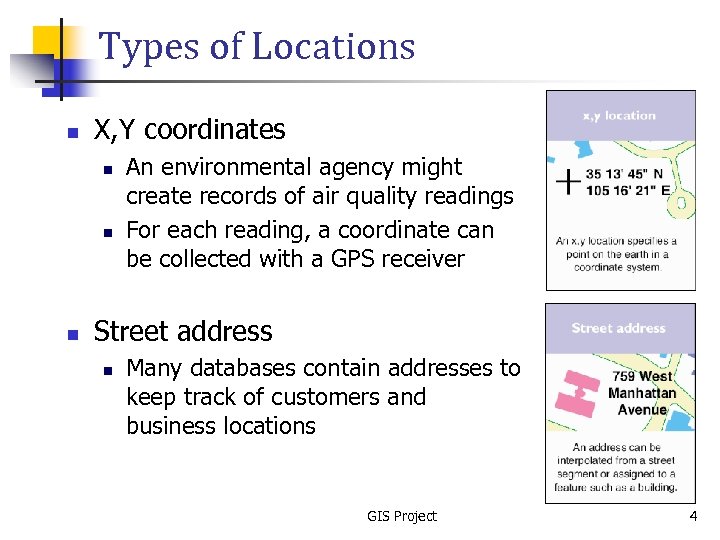 Types of Locations n X, Y coordinates n n n An environmental agency might