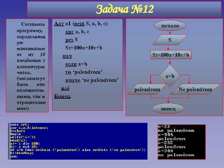 Задача № 12 Составить программу, определяющ ую максимальн ое из 10 введённых с клавиатуры