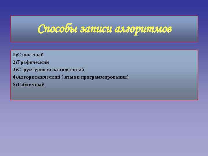 Способы записи алгоритмов 1)Словесный 2)Графический 3)Структурно-стилизованный 4)Алгоритмический ( языки программирования) 5)Табличный 