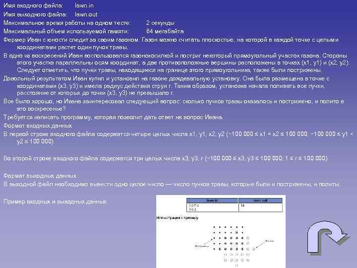 Имя входного файла: lawn. in Имя выходного файла: lawn. out Максимальное время работы на