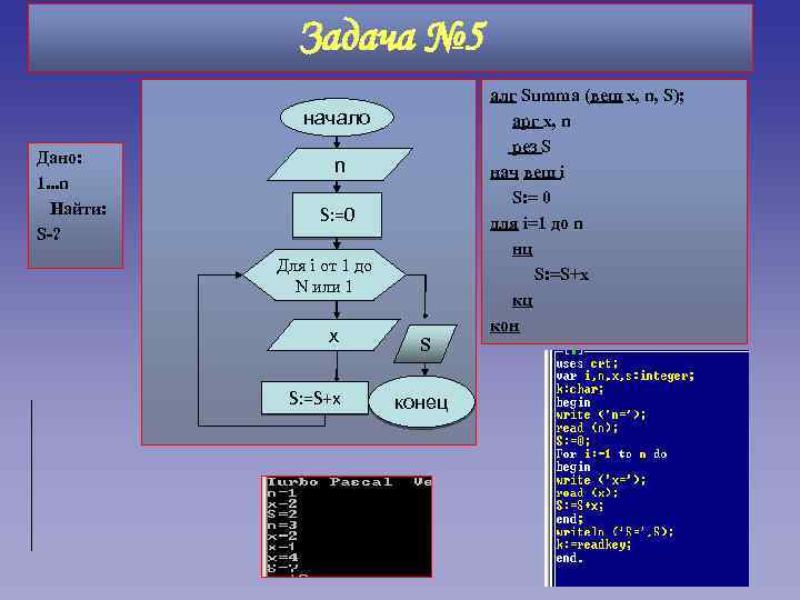 Задача № 5 начало Дано: 1. . . n Найти: S-? n S: =0