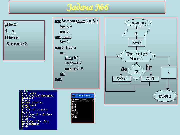 Задача № 6 Дано: 1. . . n, Найти S для х: 2. aлг