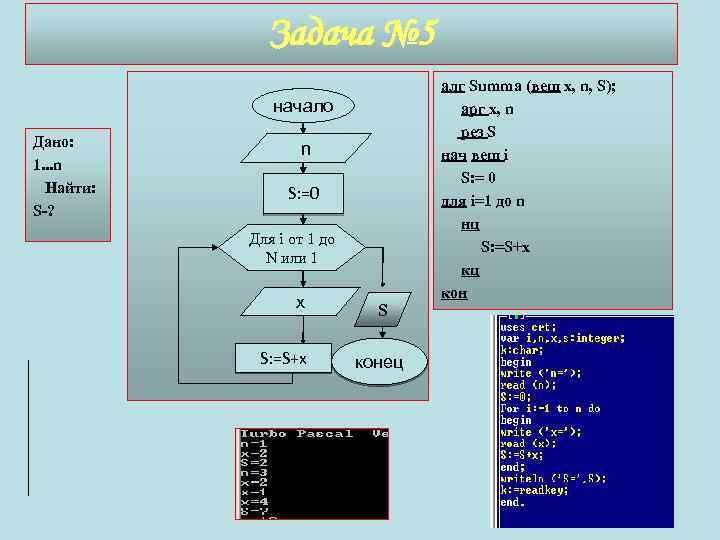 Задача № 5 начало Дано: 1. . . n Найти: S-? n S: =0