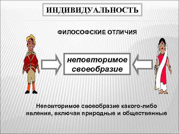 ИНДИВИДУАЛЬНОСТЬ ФИЛОСОФСКИЕ ОТЛИЧИЯ неповторимое своеобразие Неповторимое своеобразие какого-либо явления, включая природные и общественные 