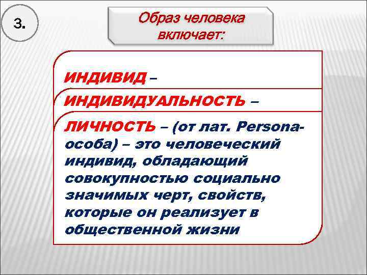 3. Образ человека включает: ИНДИВИД – ( индивидуум; неделимый, ИНДИВИДУАЛЬНОСТЬ – неразделённый) единичный это