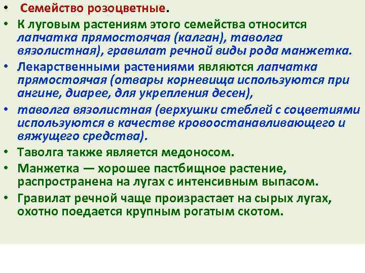  • Семейство розоцветные. • К луговым растениям этого семейства относится лапчатка прямостоячая (калган),