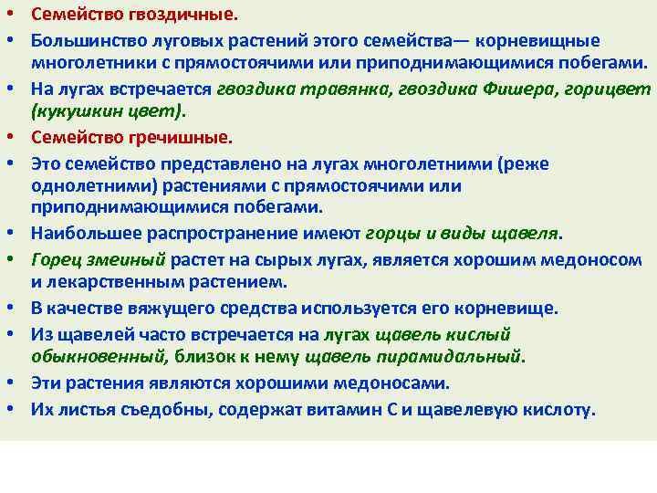  • Семейство гвоздичные. • Большинство луговых растений этого семейства— корневищные многолетники с прямостоячими