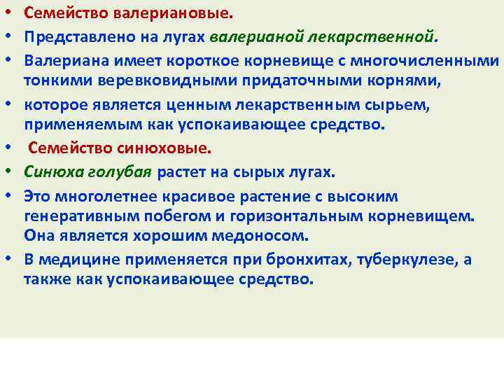  • Семейство валериановые. • Представлено на лугах валерианой лекарственной. • Валериана имеет короткое