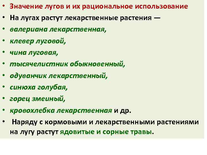  • • • Значение лугов и их рациональное использование На лугах растут лекарственные
