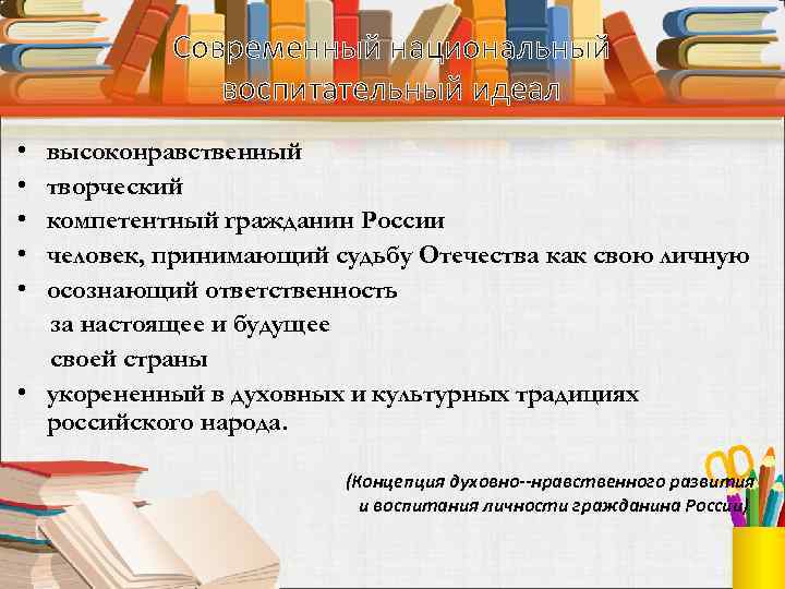 Современный национальный воспитательный идеал • • • высоконравственный творческий компетентный гражданин России человек, принимающий