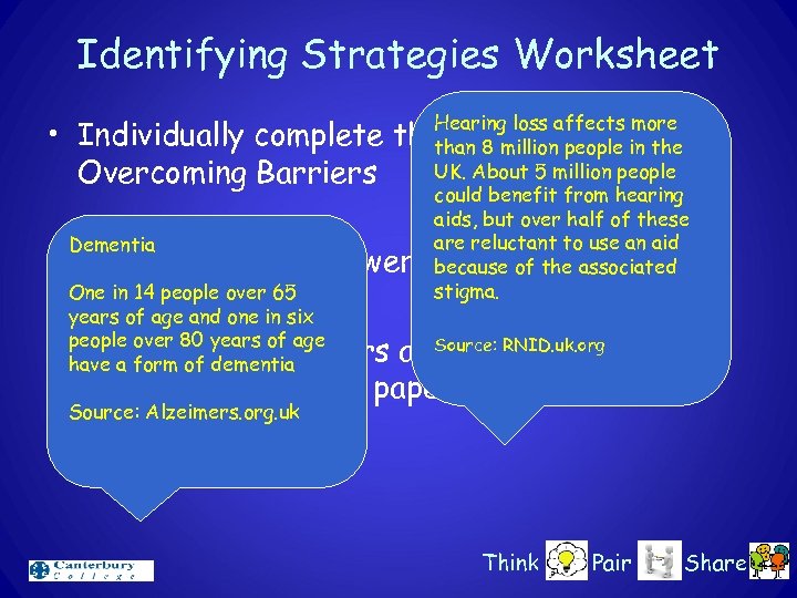 Identifying Strategies Worksheet Hearing loss affects more • Individually complete the worksheet – in