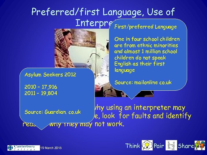 Preferred/first Language, Use of Interpreters First/preferred Language Asylum Seekers 2012 2010 – 17, 916