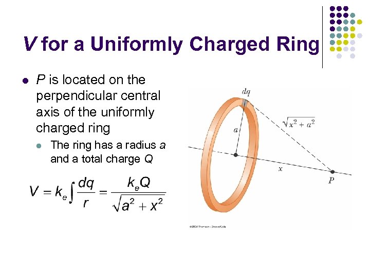 V for a Uniformly Charged Ring l P is located on the perpendicular central